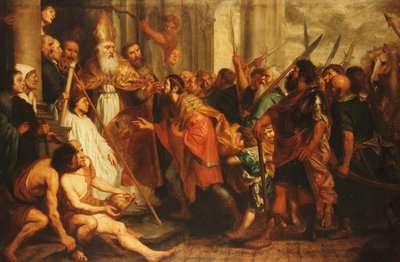 Der heilige Ambrosius, Bischof von Mailand, verweigert Kaiser Theodosius den Eintritt in den Mailänder Dom von Theodor Boeyermans