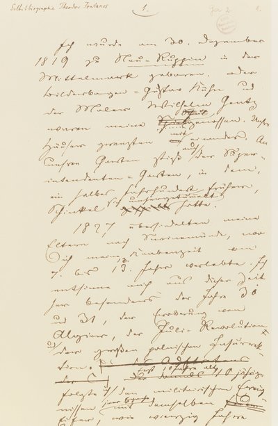 Seite aus Fontanes Autobiografie von Theodor Fontane