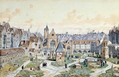 Ansicht des Friedhofs der Unschuldigen in Paris im Jahr 1550 von Theodor Josef Hubert Hoffbauer