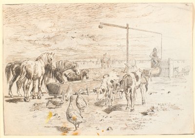 Pferde, Kälber und Gänse am Hollænderbrunnen auf Saltholm von Theodor Philipsen