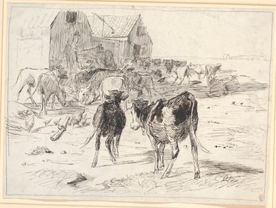 Heuernte auf Saltholm. Kälber sammeln sich um Wagen bei der Scheune von Theodor Philipsen