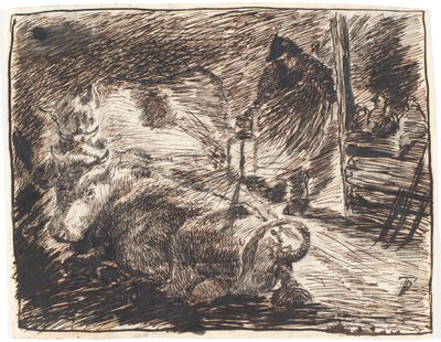 Stallinterieur am Abend mit liegenden Kühen und einem Mann mit einer Laterne von Theodor Philipsen