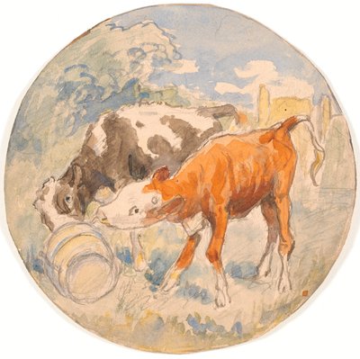 Zwei Kälber im Freien, die eine umgestürzte Löwenzahnblüte lecken (Entwurf für eine Keramikschale) von Theodor Philipsen