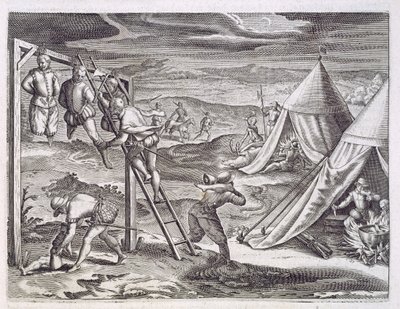 Hängen und Verstümmeln von 3 Dieben, Rio de la Plata, um 1536, aus 