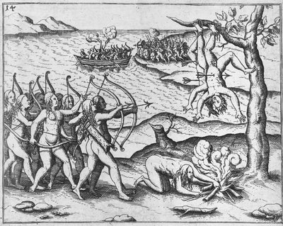 Amazonenfrauen greifen Männer an, die in Bäumen aufgehängt sind (Holzschnitt) von Theodor de Bry