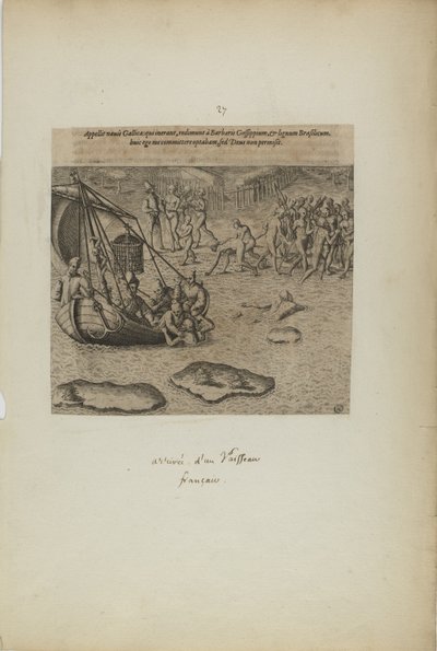 Appellit navis gallicai: qui inerant, redimunt a barbaris gossip pium... (aus dem Buch, Americae, Teil drei) von Theodor de Bry