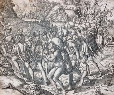Eingeborene werden auf Schiffe verladen, um in Sevilla in die Sklaverei gebracht zu werden, Kupferstich von Theodor de Bry (1528-1598), Antillen von Theodor de Bry
