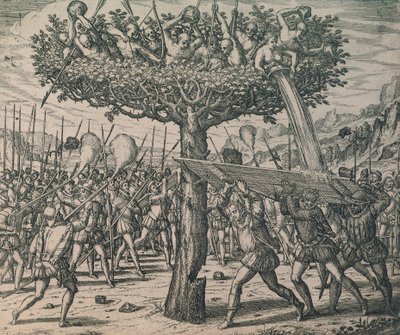 Eingeborene verstecken sich in den Bäumen und kämpfen gegen die Eroberer von Theodor de Bry