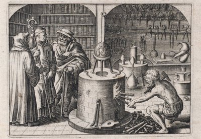 Drei Gelehrte im Alchemielabor mit Ofen und Instrumenten von Theodor de Bry