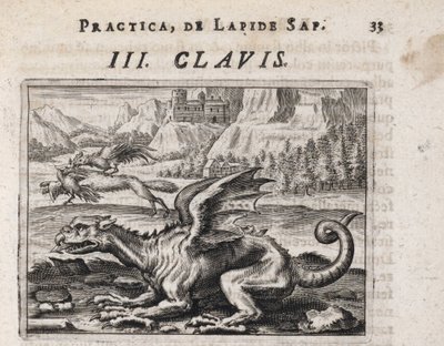 Ein Drache, im Hintergrund ein Huhn stehlender Wolf, angegriffen von einem Hahn von Theodor de Bry
