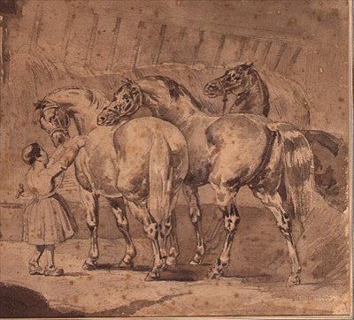 Kleines Mädchen, das Pferde in einem Stall füttert von Theodore (attr. to) Gericault