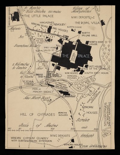 Karte der Gebäude von Knossos um den Palast, circa 1903 von Theodore Fyfe