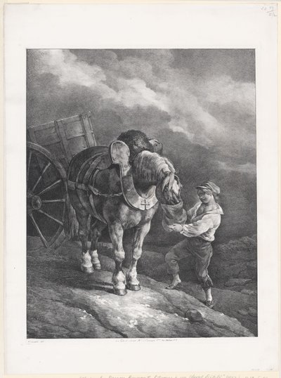 Junge gibt einem angebundenen Pferd Hafer von Theodore Gericault
