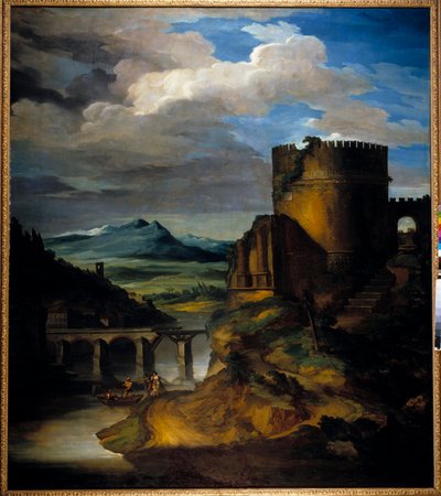 Große Landschaft Italiens, Landschaft mit Ruinen, Turm und Brücke, von Théodore Géricault (1791-1824), 19. Jahrhundert von Theodore Gericault