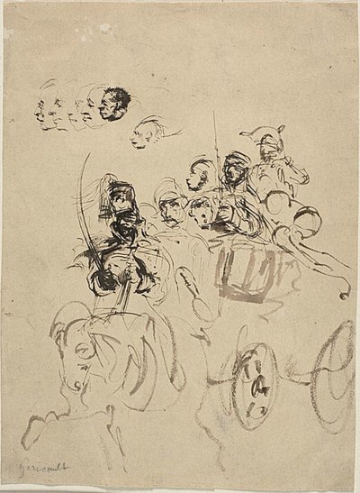 Napoleonische Armeekutsche mit Kopfskizzen von Theodore Gericault