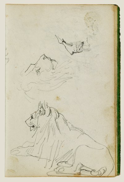Sitzender Löwe, zwei Löwenkopfstudien von Theodore Gericault