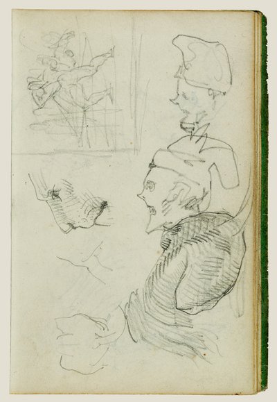 Studien von Löwen, Kompositionsgruppenfigurstudie, zwei Karikaturkopfstudien von Theodore Gericault