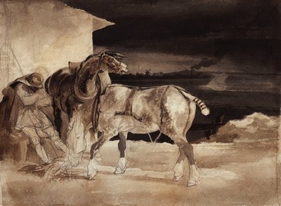 Zwei Pferde und ein schlafender Stallknecht, ca. 1822-1823 von Theodore Gericault