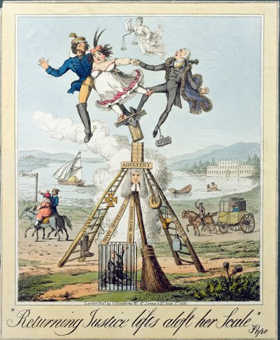 Die zurückkehrende Gerechtigkeit hebt ihre Waage empor, veröffentlicht von G. Humphrey, London, 1821 von Theodore Lane