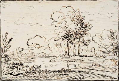 Landschaft mit drei hohen Bäumen an einer Flussbiegung von Theodore Rousseau