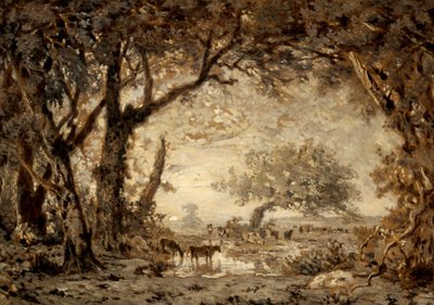 Sonnenuntergang im Wald von Fontainebleau von Theodore Rousseau