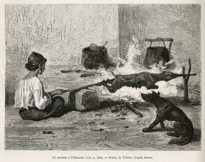 Ein junger Montenegriner brät ein Schaf mit dem Albaner, der vor dem Feuer sitzt und ständig den Holzspieß dreht. Gravur nach Valerios Zeichnung, um die Reise nach Dalmatien zu illustrieren, von Charles Yriarte, im Jahr 1874, veröffentlicht in „Le tour du  von Theodore Valerio