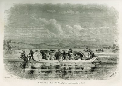 Ein Boot auf dem Fluss von Hue (Vietnam), Zeichnung von Th. Weber, um die Geschichte von acht Tagen Botschaft in Hue (Königreich Annam) in 1875 von Herrn Brossard de Corbigny, Leutnant (N), der Mission zugeordnet, zu illustrieren. Gravur in Le tour du mond von Theodore Weber