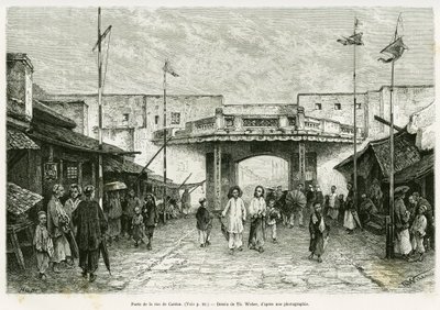 Kanton-Straßentor in Hanoi. Gravur von Th. Weber, nach einer Fotografie, zur Illustration der Geschichte „Dreißig Monate in Tonkin“ von Doktor Hocquard, veröffentlicht in Le Tour du monde 1889 von Theodore Weber