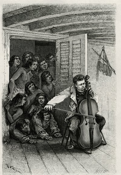 Porträt des reisenden Autors, der Cello spielt und ein neugieriges Publikum anzieht. Gravur von Th. Weber, zur Illustration der Geschichte „Die Wallis-Inseln“ von Dr. Emile Deschamps, veröffentlicht in Le Tour du monde von Theodore Weber