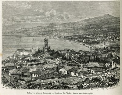 Die Stadt Jalta, von Massandra aus gesehen, Zeichnung von Th. Weber, um die Geschichte Vier Monate in Russland, im Jahr 1876, von F. De Mely zu illustrieren. Gravur in Le tour du monde. von Theodore Weber