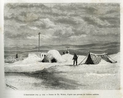 Das meteorologische Observatorium wurde in der Bucht von Koljutschin (Polarkreis) installiert, während das Schiff La Vega im Eis gefangen war und die Besatzung sich auf das Überwintern vorbereitete. Gravur von Th. Weber, um die Geschichte "Reise der Vega u von Theodore Weber