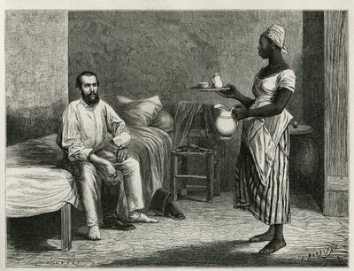 Porträt des Autors und Reisenden, beim Erwachen, serviert von einer jungen Haitianerin, Gravur von T. Wust, zur Illustration der Geschichte „La république d