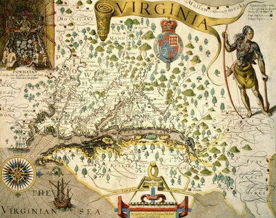 Karte von Virginia mit einem Bild von Häuptling Powhatan von John Smith, 1624 von Theodore de (after) Bry