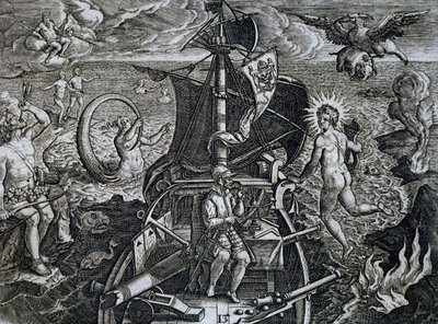 Allegorie der Reisen von Ferdinand Magellan (1480-1521), Stich von Theodor de Bry (1528-1598) von Theodore de Bry