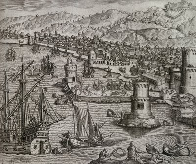 Ankunft von Girolamo Benzoni im Hafen von Las Palmas während seiner Reise nach Amerika (1541), Kanarische Inseln, Gravur von Theodor de Bry (1528-1598) von Theodore de Bry