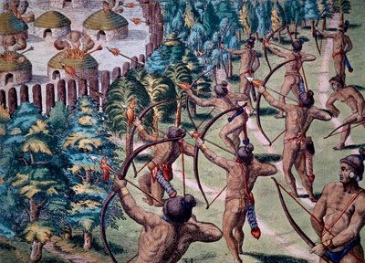 Angriff auf ein Dorf mit brennenden Pfeilen, Stich aus Narratio In Floridae von Theodore de Bry