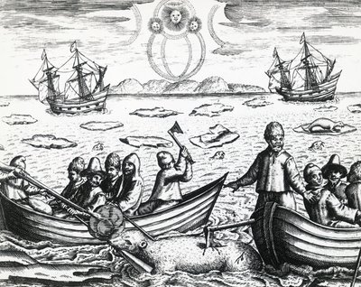 Aurora borealis und Eisbärenjagd während der dritten Expedition unter der Leitung von William Barents (ca. 1550-1597) auf der Suche nach der Nordostpassage im Jahr 1596, von Theodor de Bry (1528-1598), Stich von Theodore de Bry