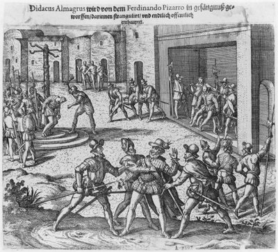 Gefangennahme, Prozess und Hinrichtung von Diego de Almagro auf Befehl von Francisco Pizarro von Theodore de Bry