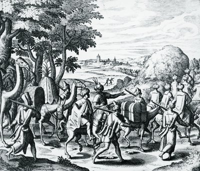 Karawane arabischer Händler von Aleppo nach Basra, Stich aus Grands und Petits Voyages von Theodor de Bry, Naher Osten von Theodore de Bry