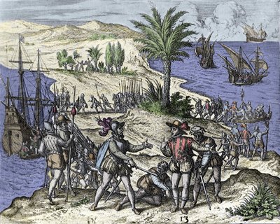 Christoph Kolumbus und sein Bruder wurden 1500 von Francisco de Bobadilla verhaftet. Gravur von Théodore de Bry (1528-1598) von Theodore de Bry