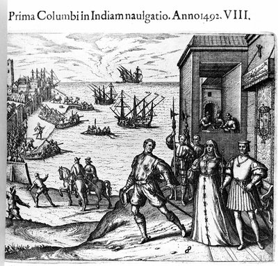 Christoph Kolumbus und die Brüder Pinzon verlassen den Hafen von Palos in Spanien am 03.08.1492 in die Neue Welt. Rechts der König und die Königin von Portugal, Ferdinand II. von Aragon und Isabella I. von Kastilien. Gravur von Theodore de Bry in „Admirant von Theodore de Bry