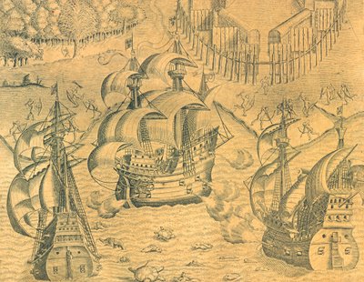 Zusammenstoß zwischen französischen und portugiesischen Schiffen im Atlantik um den Besitz Brasiliens von Theodore de Bry