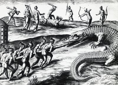 Krokodiljagd in Florida, nach einem Gemälde von Jacques le Moyne de Morgues, graviert von Theodor de Bry von Theodore de Bry