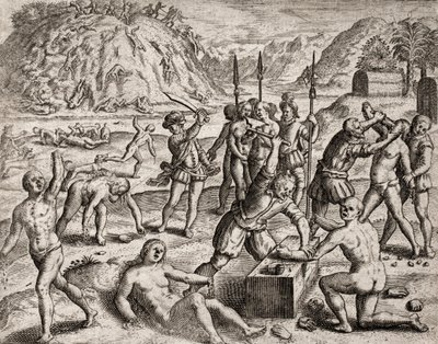 Beschreibung der von spanischen Siedlern an Indianern verübten Verbrechen - Konquistadoren massakrieren ein indianisches Dorf. Amputationen der Hände - Gravur von Theodore de Bry in „Narratio regionum indicarum per Hispanos quosdam devastatarum verissima“  von Theodore de Bry