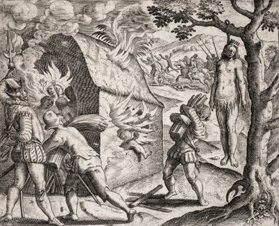 Beschreibung der von spanischen Siedlern an Indianern verübten Verbrechen - Brand eines Indianerdorfes durch die Konquistadoren. Hängen - Gravur von Theodore de Bry in „Narratio regionum indicarum per Hispanos quosdam devastatarum verissima“ von Bartolome  von Theodore de Bry