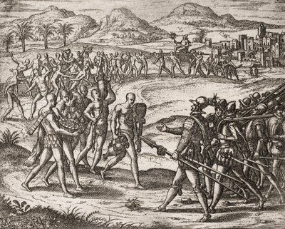 Beschreibung der von spanischen Siedlern an Indianern verübten Verbrechen - Indianer bringen Geschenke und Gold zu den Konquistadoren - Gravur von Theodore de Bry in „Narratio regionum indicarum per Hispanos quosdam devastatarum verissima“ von Bartolome de von Theodore de Bry