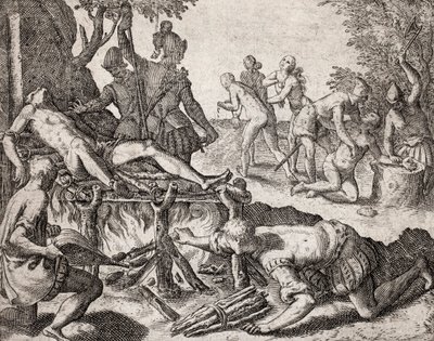 Beschreibung der von spanischen Siedlern an Indianern verübten Verbrechen - Szene der Folterung von Indianern durch spanische Konquistadoren. Folter auf einem Grill, Amputation von Händen - Gravur von Theodore de Bry in „Narratio regionum indicarum per His von Theodore de Bry