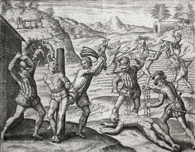 Beschreibung der von spanischen Siedlern an Indianern verübten Verbrechen - Spanier foltern Indianer - Gravur von Theodore de Bry in „Brevisima Relacion de la Destruction de las Indias“ von Bartolome de las Casas (1484-1566) von Theodore de Bry