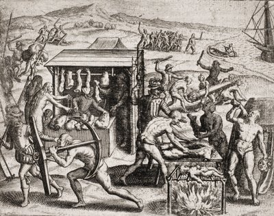 Beschreibung der von spanischen Siedlern an Indianern verübten Verbrechen - Spanische Konquistadoren zwingen Indianer zur Arbeit und misshandeln sie - Anthropophagen-Indianer - Gravur von Theodore de Bry in „Narratio regionum indicarum per Hispanos quosdam von Theodore de Bry