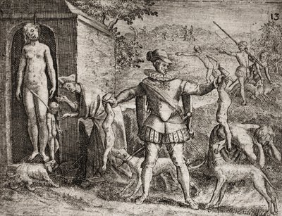 Beschreibung der von spanischen Siedlern an Indianern verübten Verbrechen - Spanische Konquistadoren massakrieren indianische Frauen und Kinder. Hängen. Kinder den Hunden zugeworfen - Gravur von Theodore de Bry in „Narratio regionum indicarum per Hispanos  von Theodore de Bry